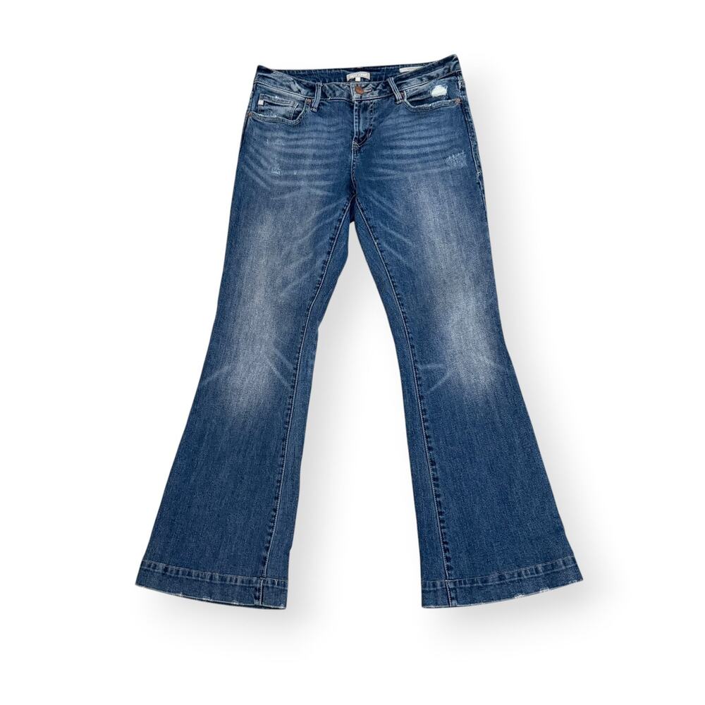 Dear John Rosie Flare Jeans 29 Mid Rise Medium Wash Distressed Stretch HEMMED